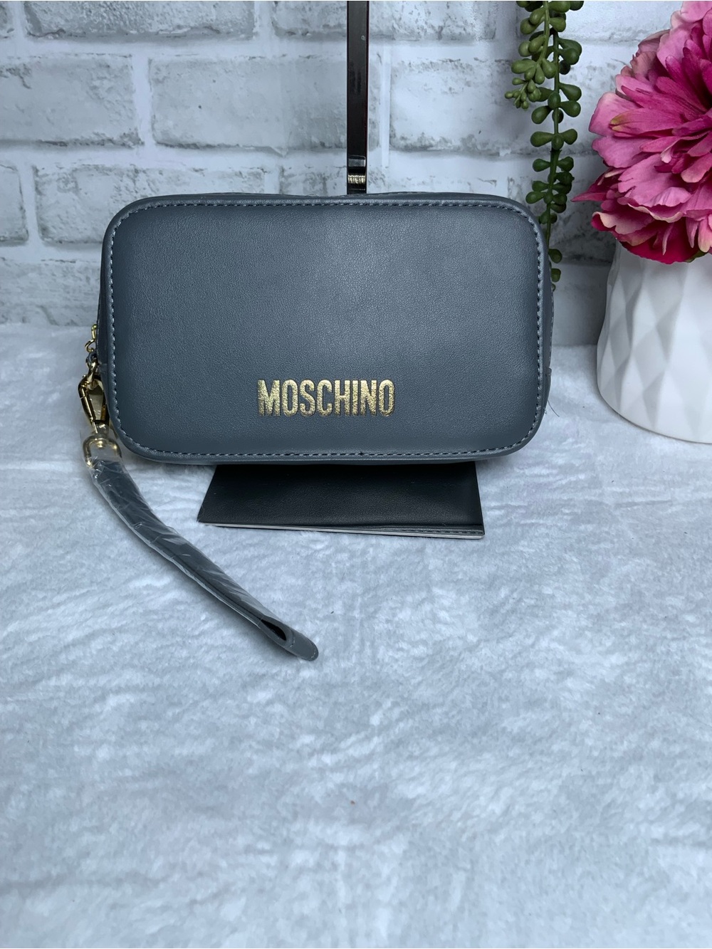 Moschino Gray Leather Wristlet with Gold Logo Accent